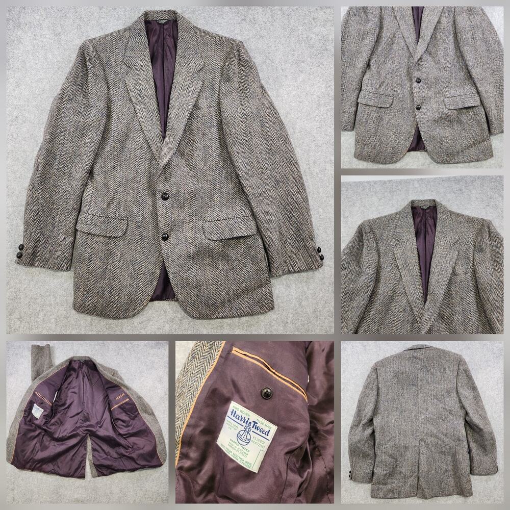 VTG Harris Tweed Blazer Sport Coat Mens 38? Gray Herringbone Wool Jacket